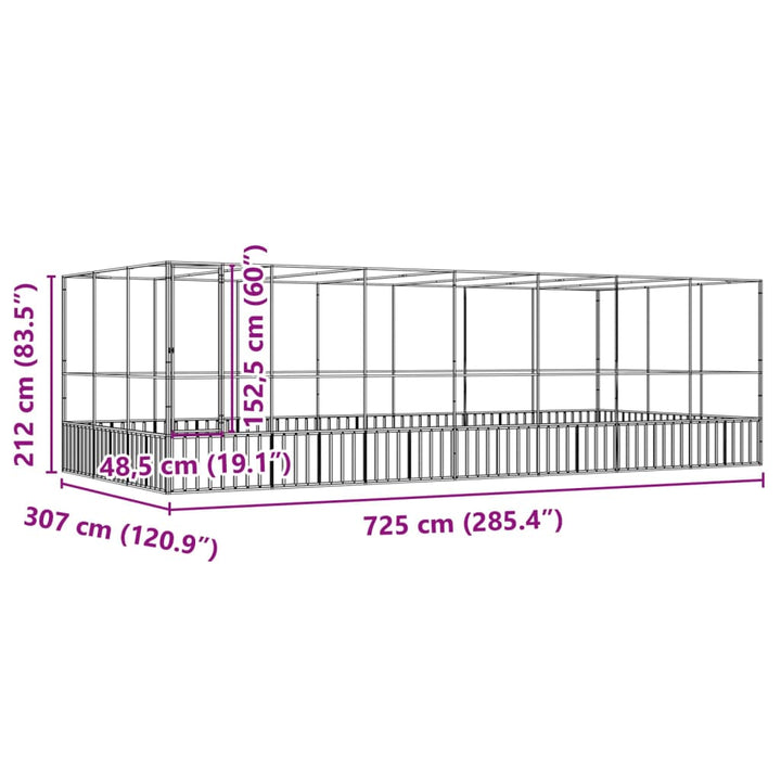 Volière met verlengstuk 725x307x212 m staal zilverkleurig