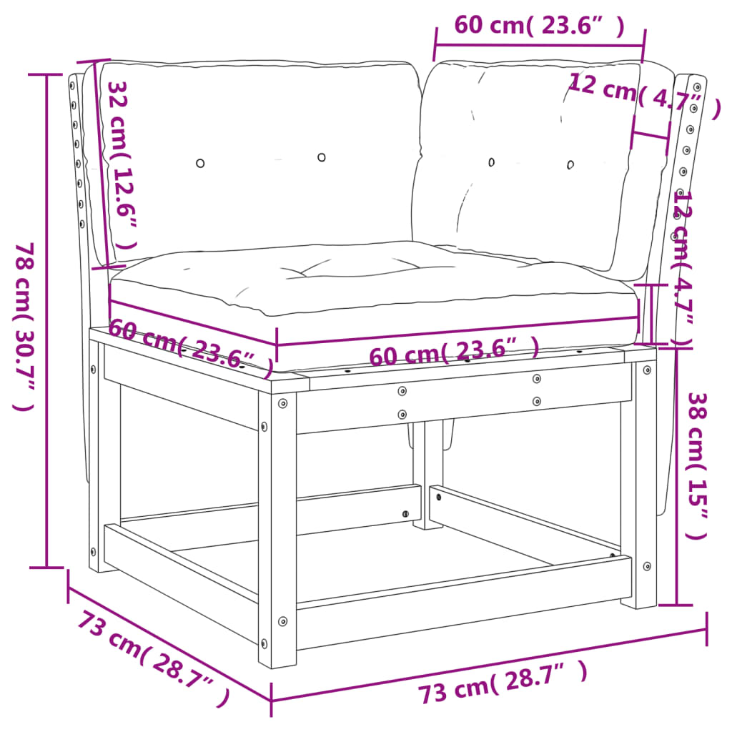 Tuinhoekbank met kussens 73x73x78 cm massief grenenhout