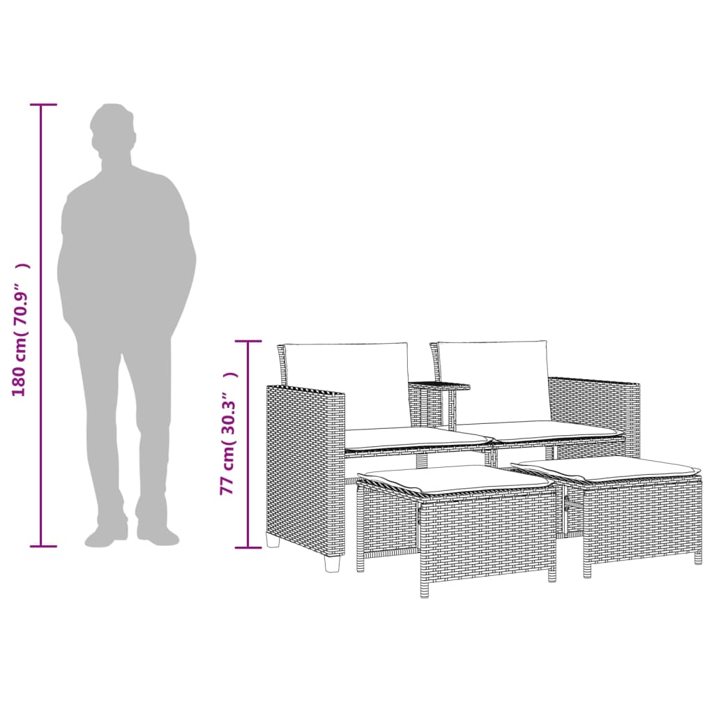 Tuinbank 2-zits met tafel en voetenbanken poly rattan zwart