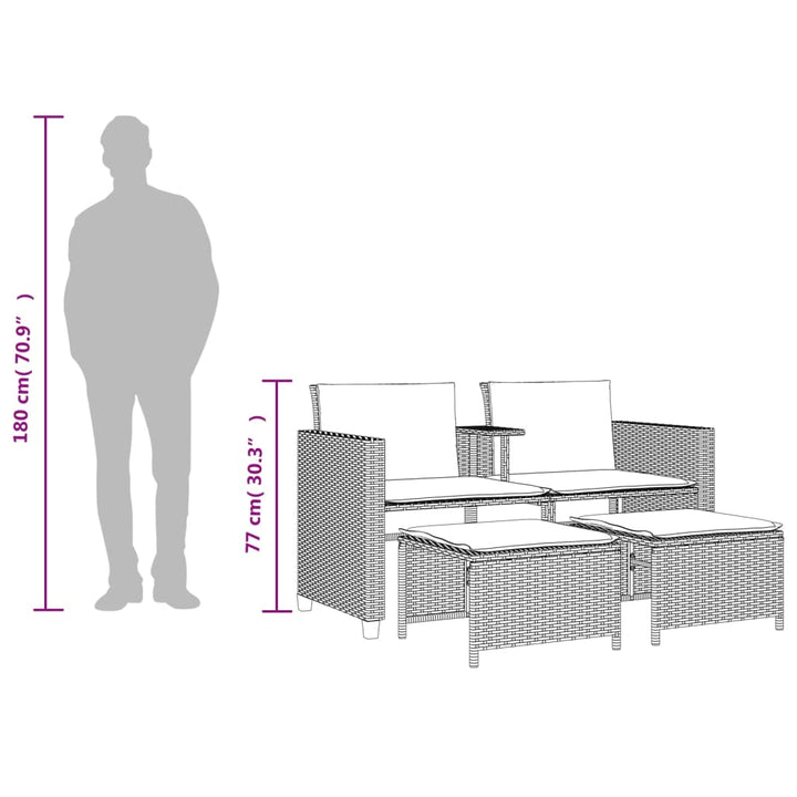 Tuinbank 2-zits met tafel en voetenbanken poly rattan zwart