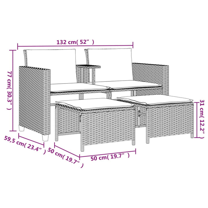 Tuinbank 2-zits met tafel en voetenbanken poly rattan zwart