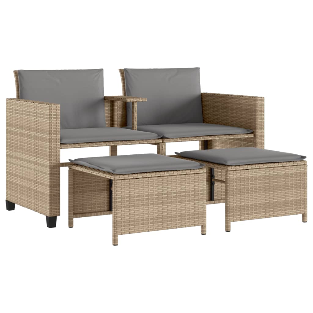 Tuinbank 2-zits met tafel en voetenbanken poly rattan beige