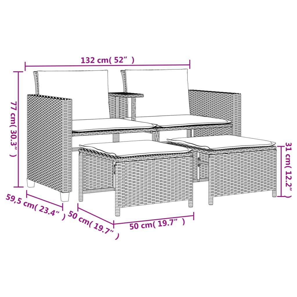 Tuinbank 2-zits met tafel en voetenbanken poly rattan beige