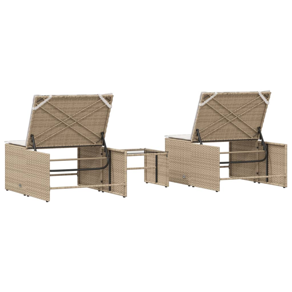 Ligstoelen 2 st met tafel poly rattan beige