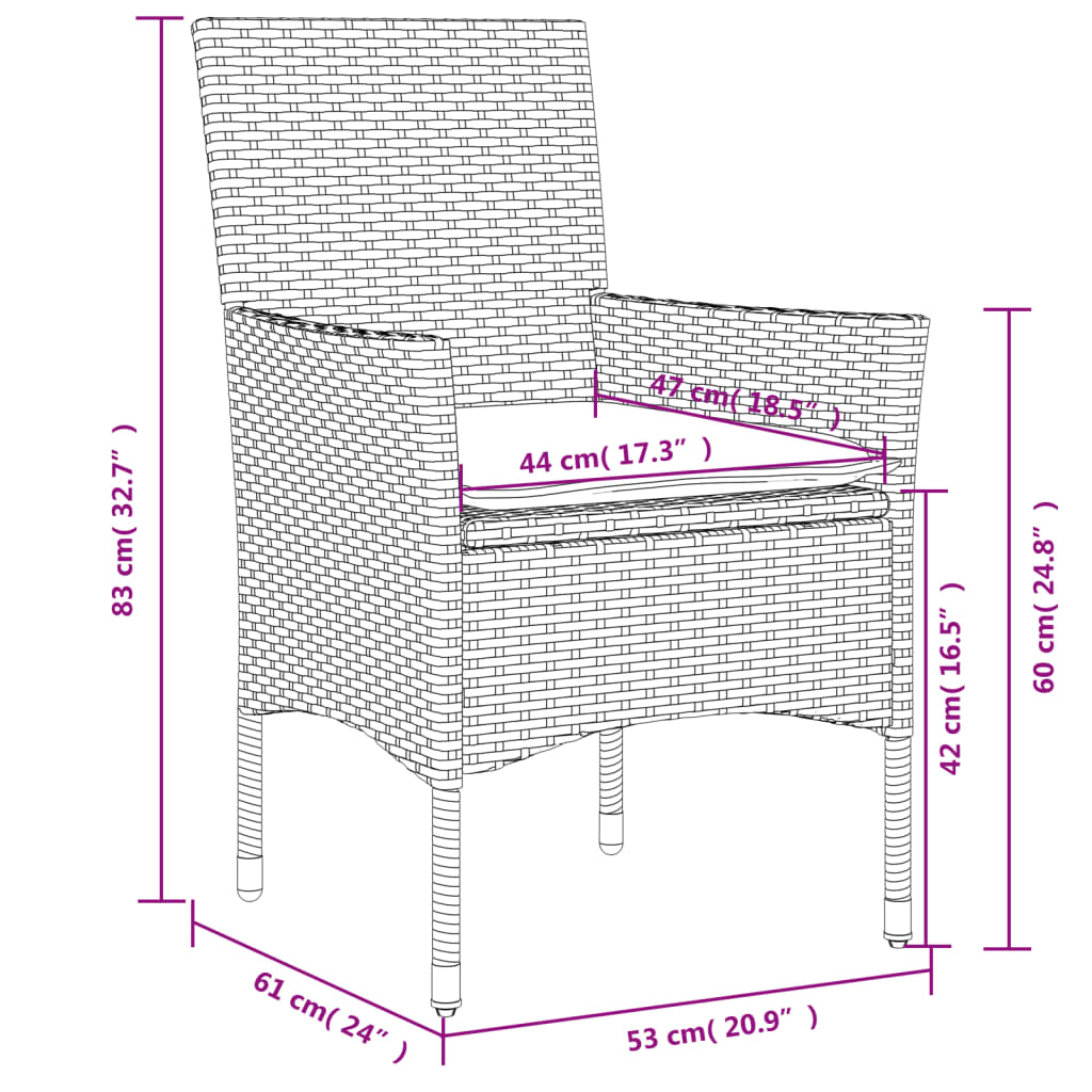 Tuinstoelen 2 st met kussens poly rattan zwart