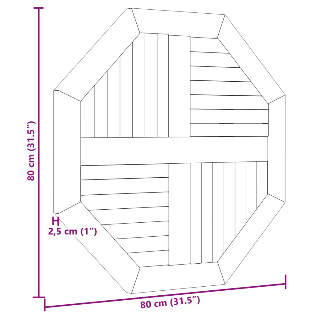 Tafelblad achthoekig 80x80x2,5 cm massief teakhout