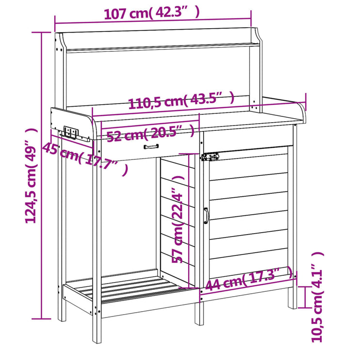 Oppottafel met kast 110,5x45x124,5 cm massief vurenhout bruin