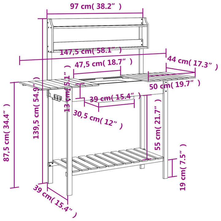 Oppottafel met spoelbak 147,5x44x139,5 cm vurenhout bruin