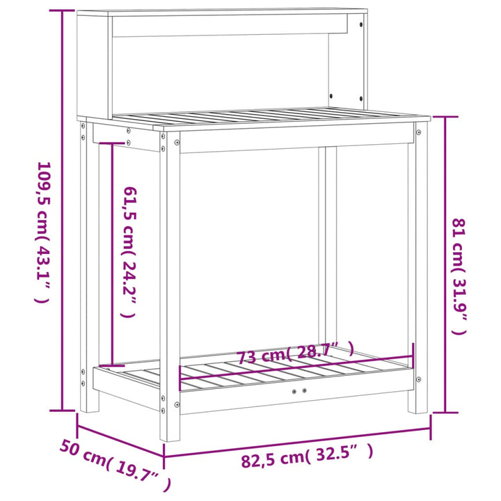 Oppottafel met schappen 82,5x50x109,5 cm massief douglashout