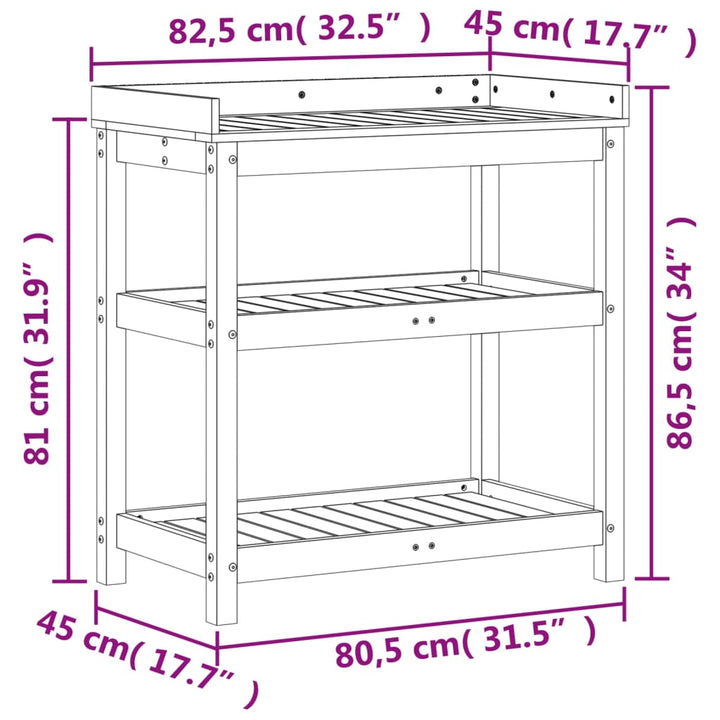 Oppottafel met schappen 82,5x45x86,5 cm massief grenenhout