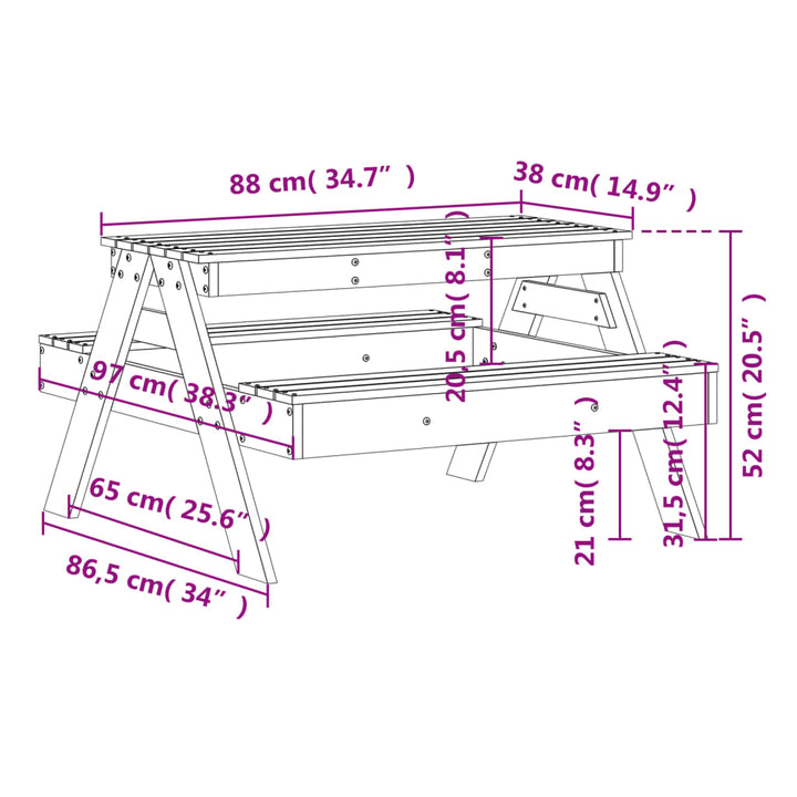 Picknicktafel voor kinderen 88x97x52 cm massief groenenhout