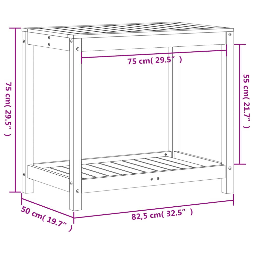 Oppottafel met schap 82,5x50x75 cm massief grenenhout wasbruin