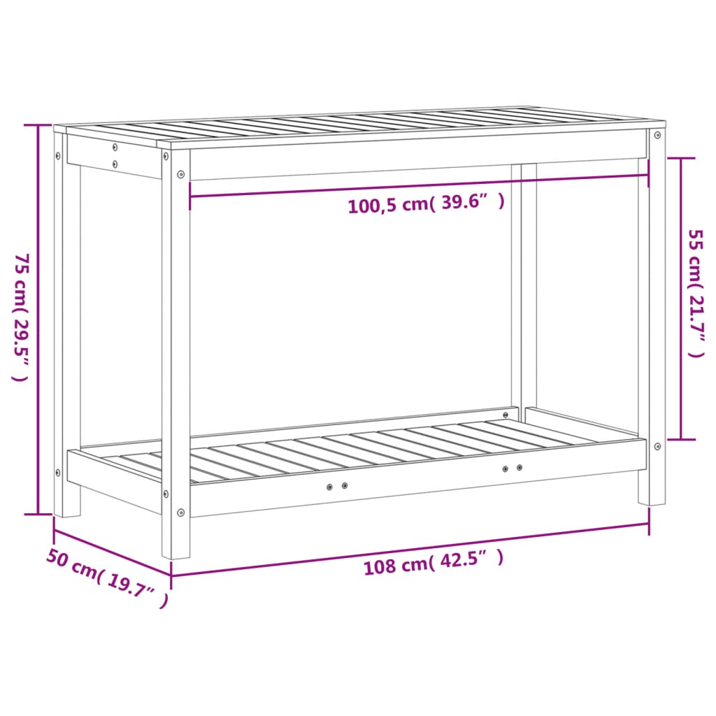 Oppottafel met schap 108x50x75 cm massief grenenhout wasbruin