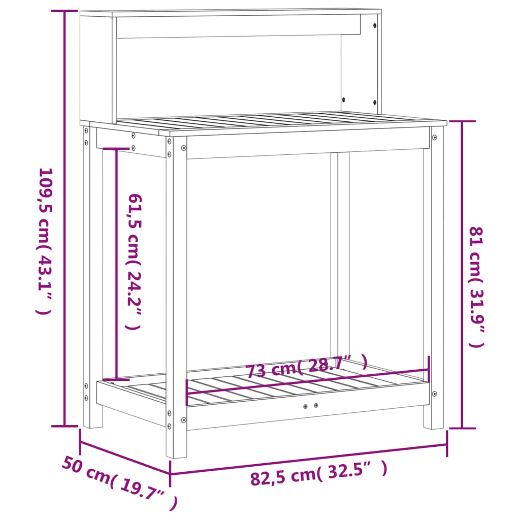 Oppottafel met schappen 82,5x50x109,5 cm grenenhout bruin