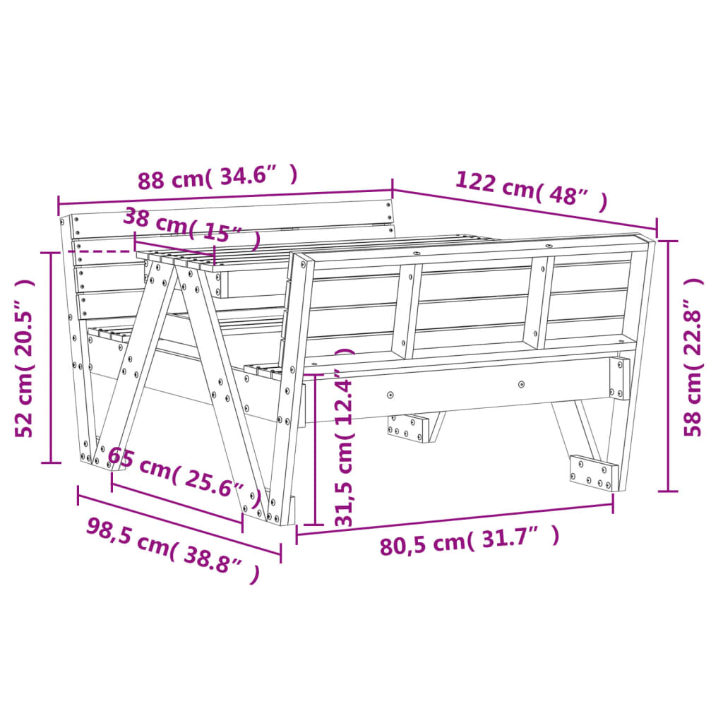 Picknicktafel voor kinderen 88x122x58 cm grenenhout wasbruin