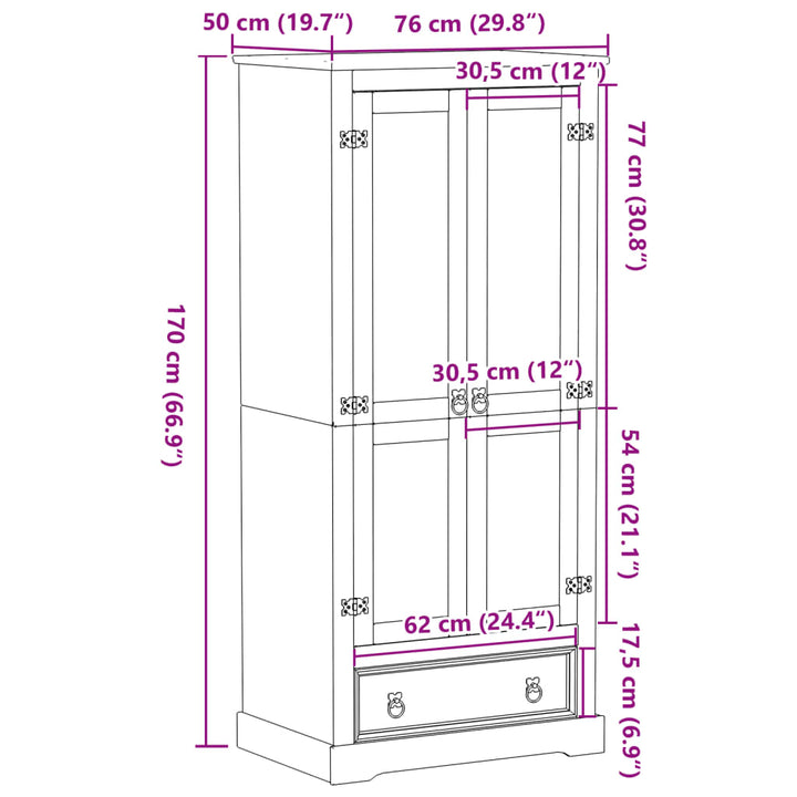 Kledingkast Corona 76x50x170 cm massief grenenhout