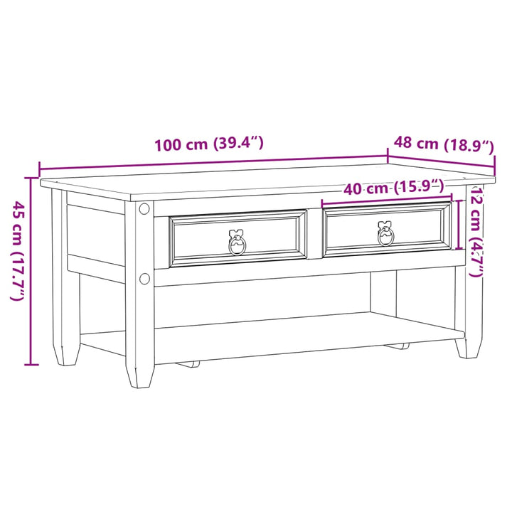 Salontafel met lades Corona 100x48x45 cm massief grenenhout