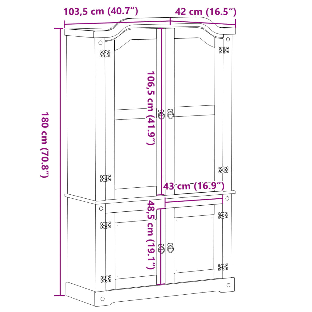 Vitrinekast Corona 103,5x42x180 cm massief grenenhout