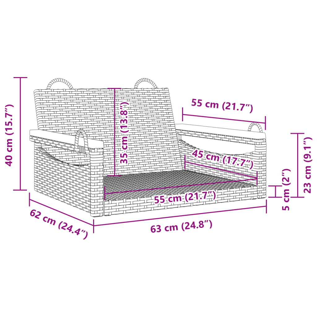 Schommelbank 63x62x40 cm poly rattan zwart