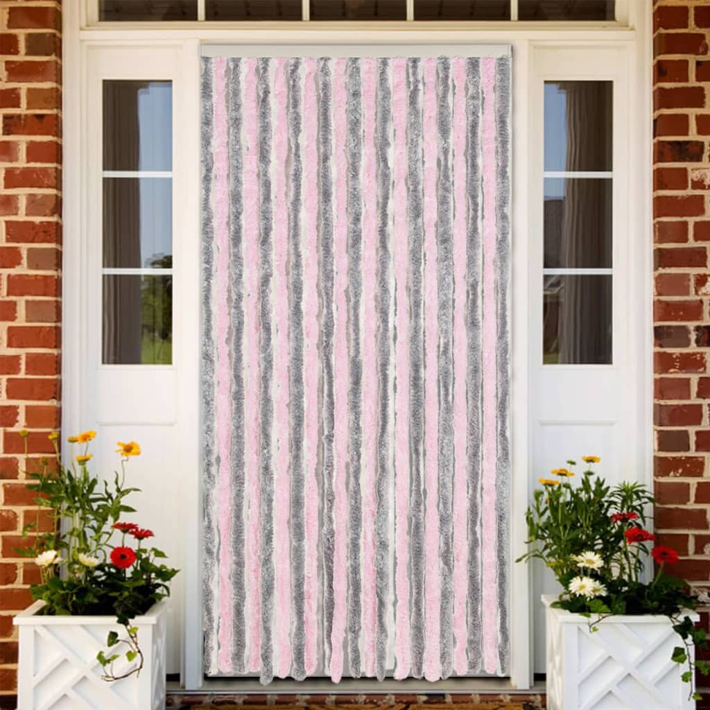 Vliegengordijn 56x185 cm chenille zilvergrijs en roze