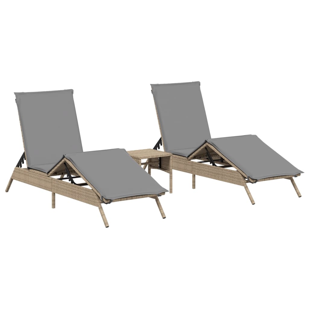 Ligstoelen 2 st met tafel poly rattan beige