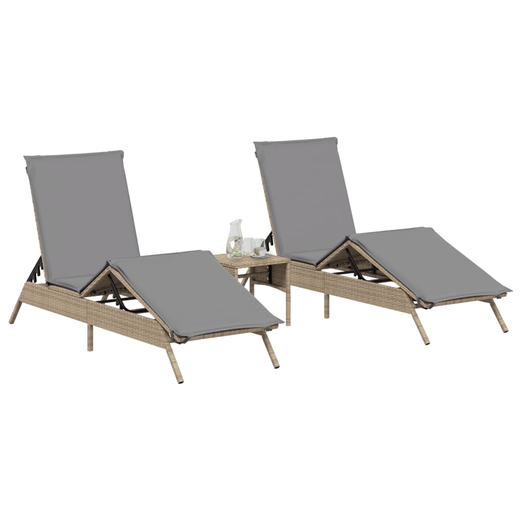 Ligstoelen 2 st met tafel poly rattan beige