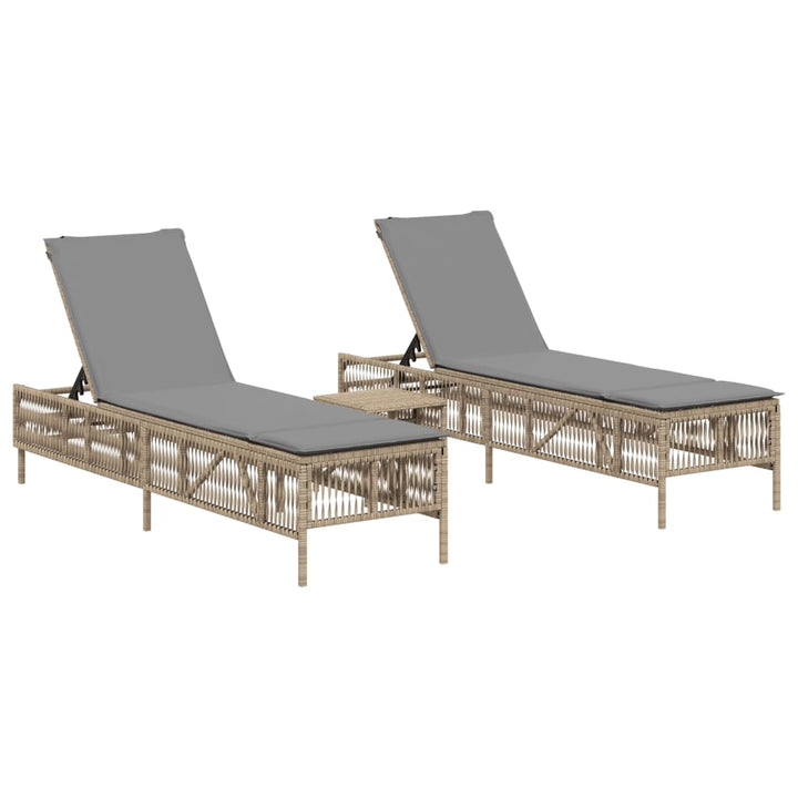 Ligstoelen 2 st met tafel poly rattan beige