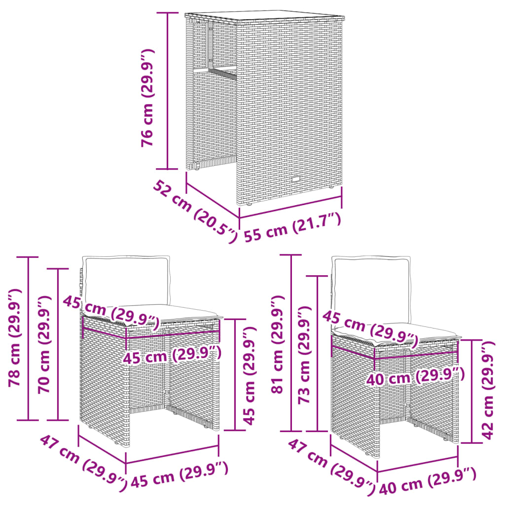 3-delige Bistroset met kussens poly rattan grijs