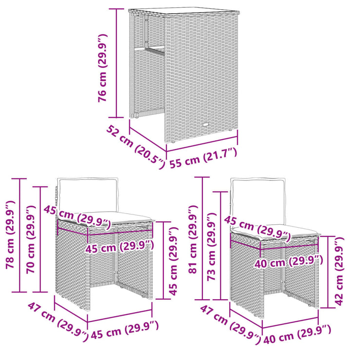 3-delige Bistroset met kussens poly rattan beige