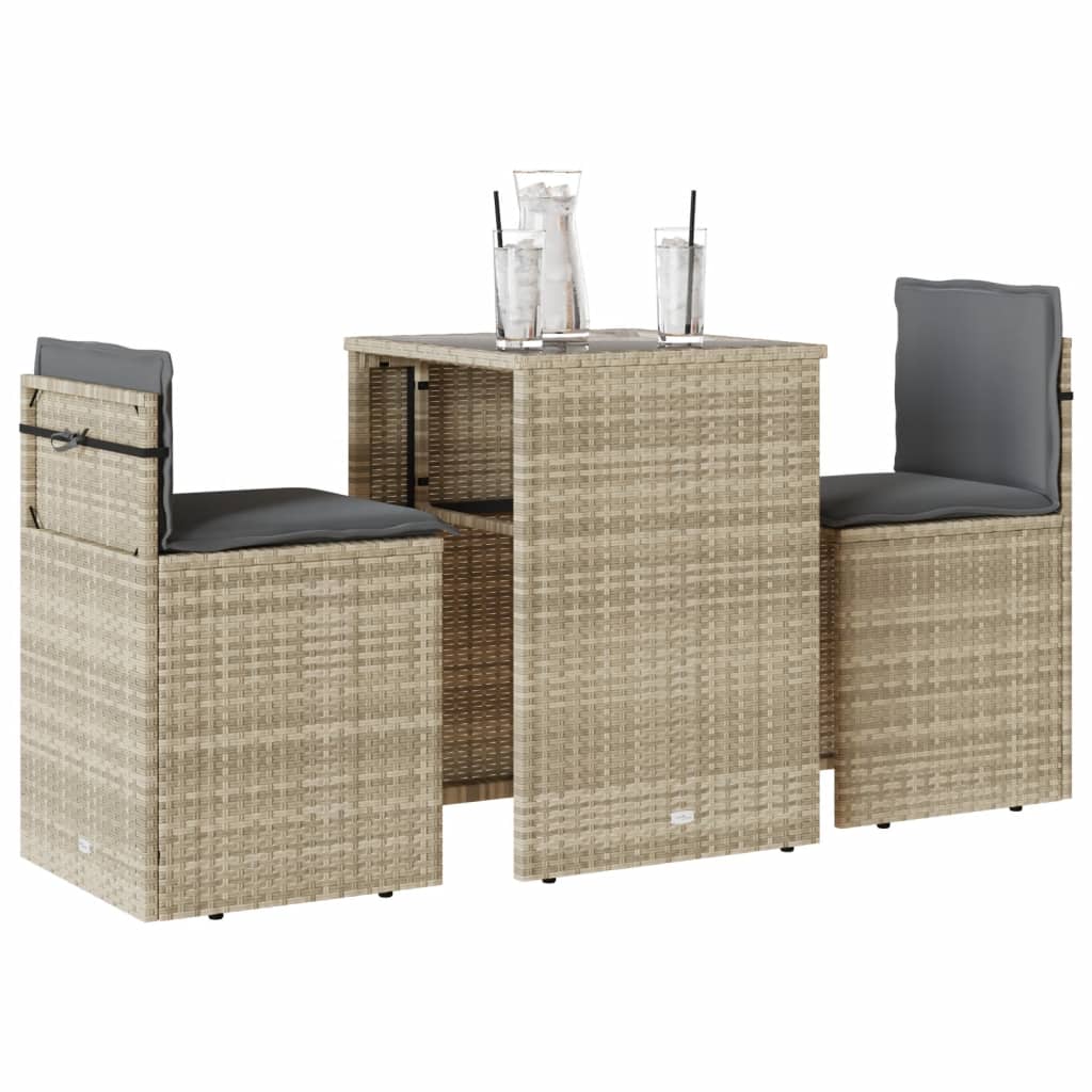 3-delige Bistroset met kussens poly rattan lichtgrijs