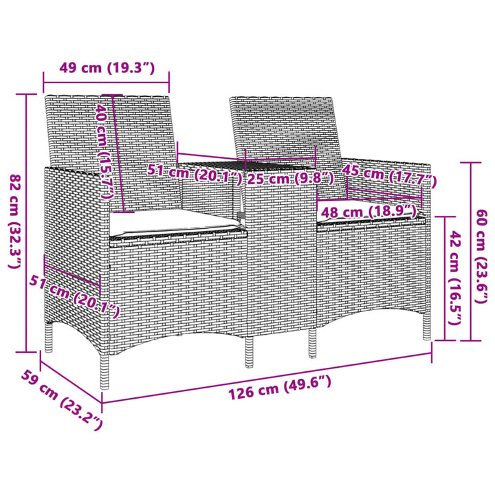 Tuinbank 2-zits met tafel en kussens poly rattan bruin