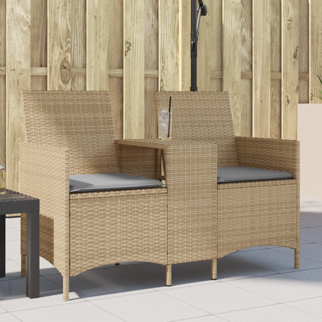 Tuinbank 2-zits met tafel en kussens poly rattan beige