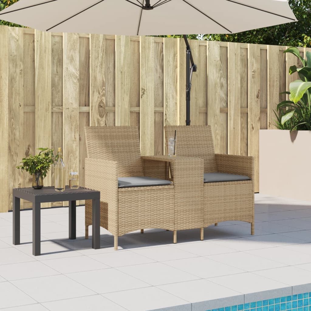 Tuinbank 2-zits met tafel en kussens poly rattan beige