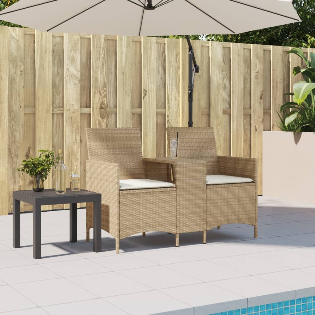 Tuinbank 2-zits met tafel en kussens poly rattan beige