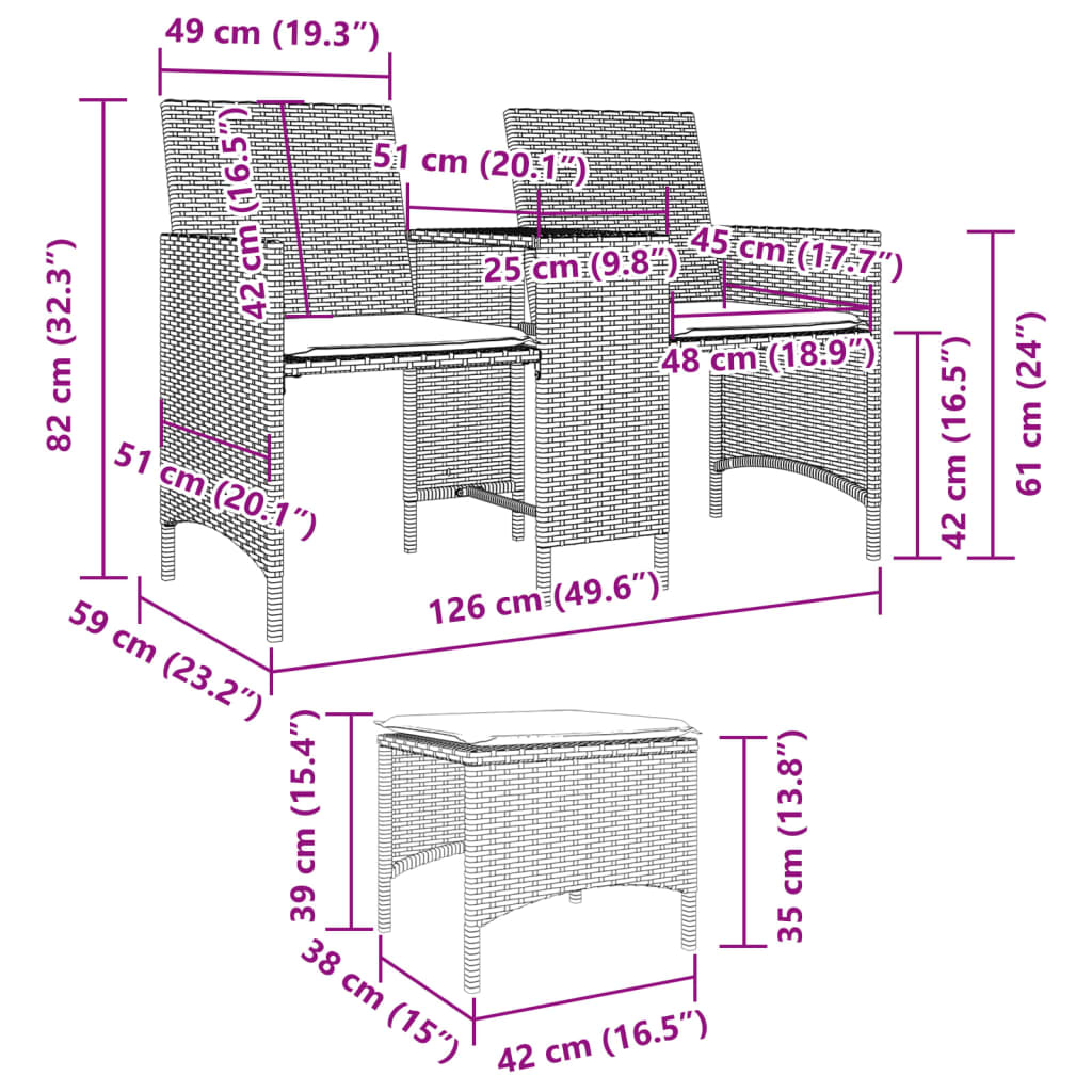 Tuinbank 2-zits met tafel en voetenbanken poly rattan grijs