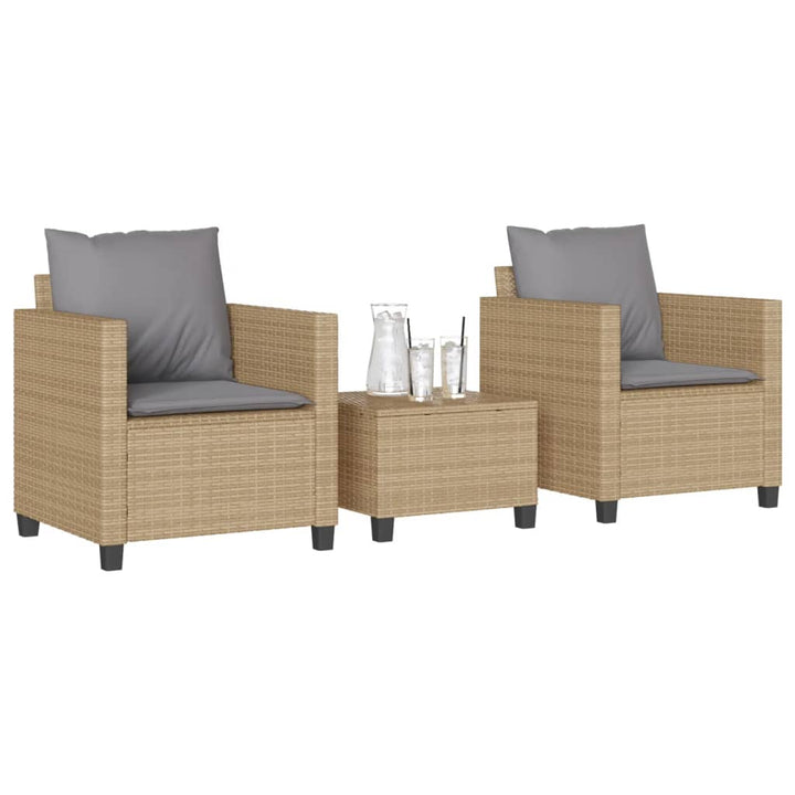 3-delige Bistroset met kussens poly rattan beige