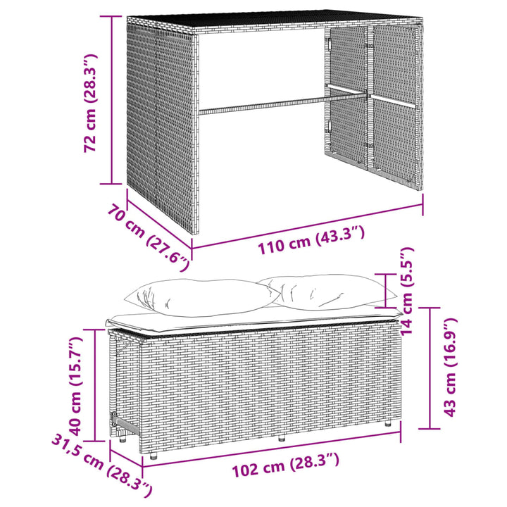 3-delige Tuinset met kussens poly rattan zwart