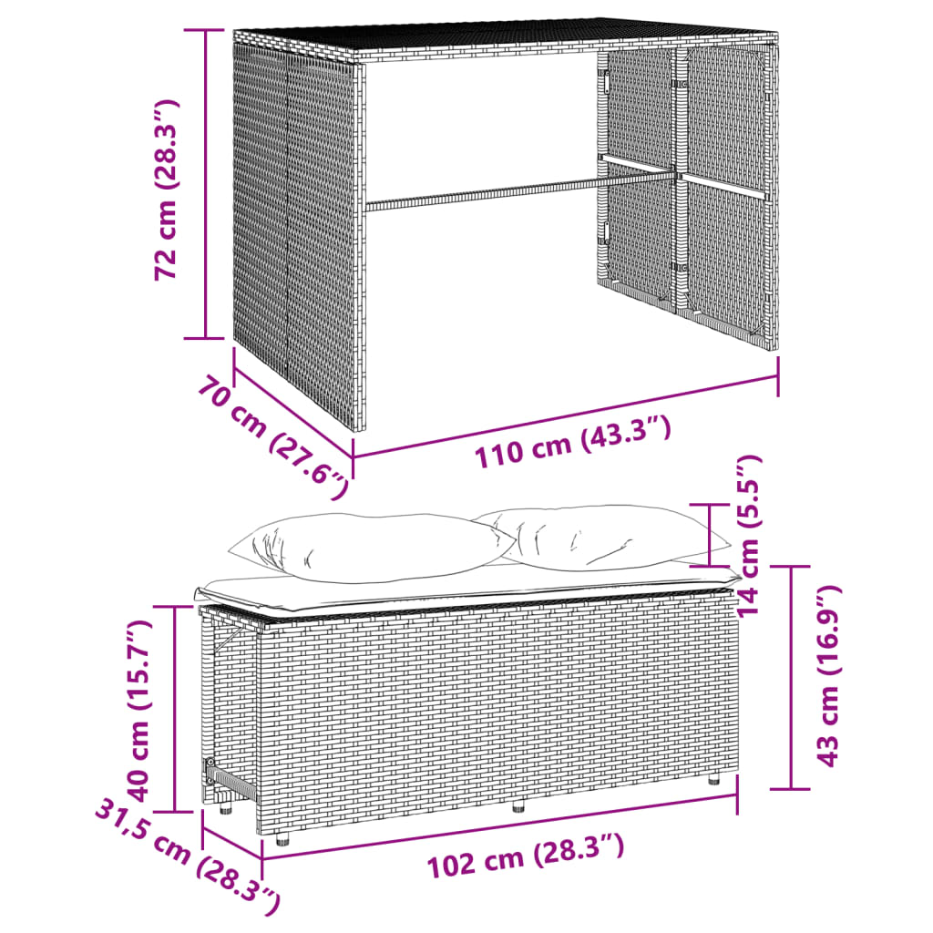 3-delige Tuinset met kussens poly rattan grijs