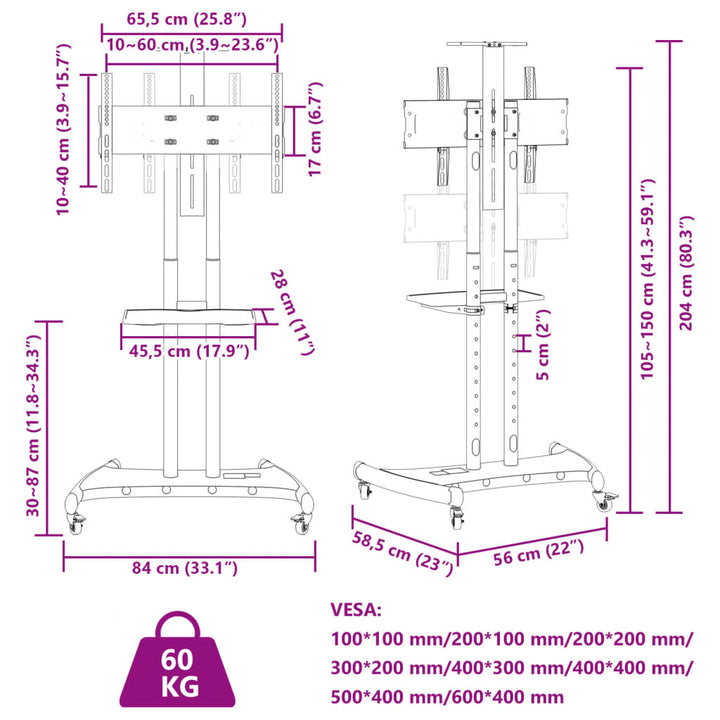 TV-standaard wielen 32-70 inch scherm 60 kg Max VESA 600x400 mm