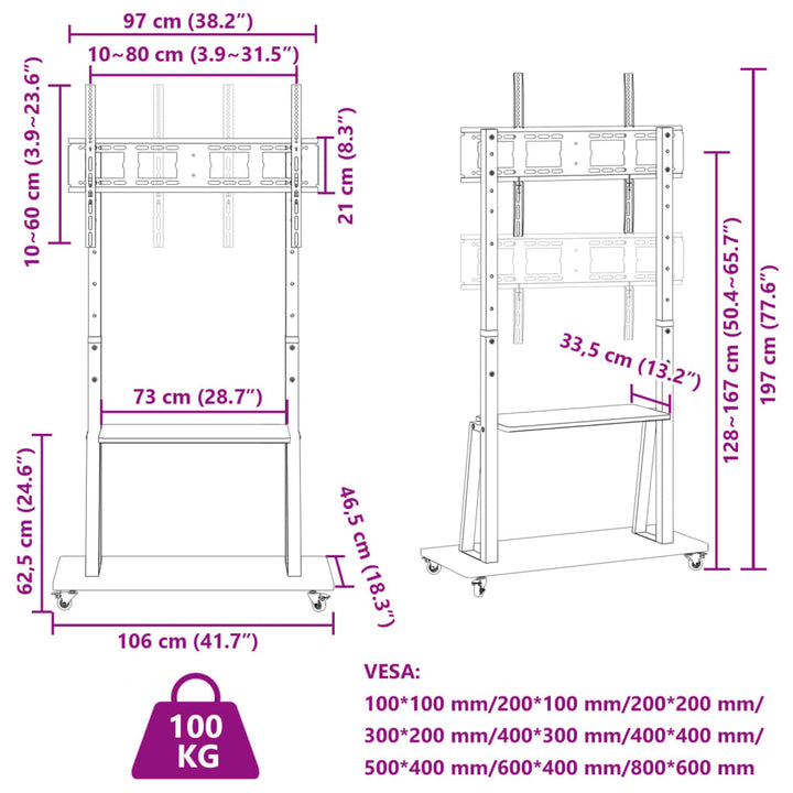 Tv-standaard wielen 32"-90" scherm 100 kg Max VESA 800x600 mm