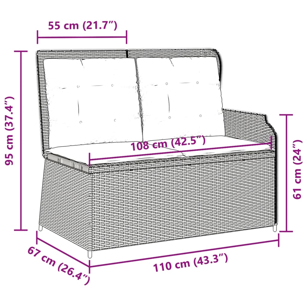 Tuinbankje verstelbaar met kussens poly rattan beige