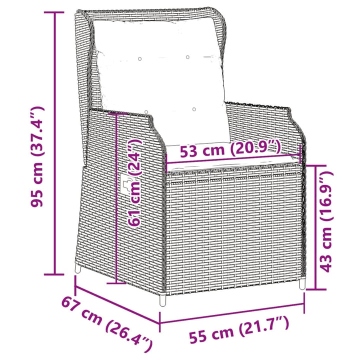 Tuinstoelen 2 st verstelbaar met kussens poly rattan lichtgrijs