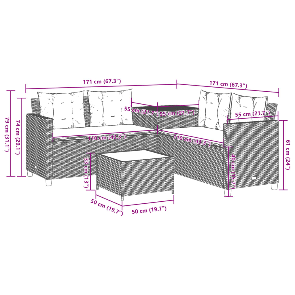 Tuinbank met tafel en kussens L-vormig poly rattan bruin