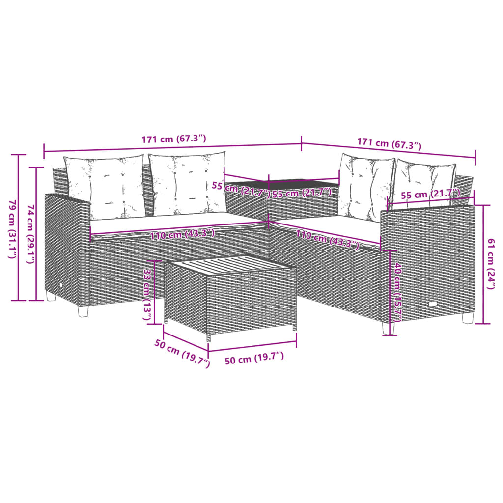 Tuinbank met tafel en kussens L-vormig poly rattan zwart