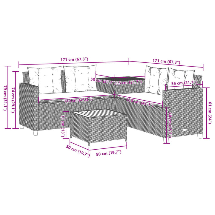 Tuinbank met tafel en kussens L-vormig poly rattan zwart