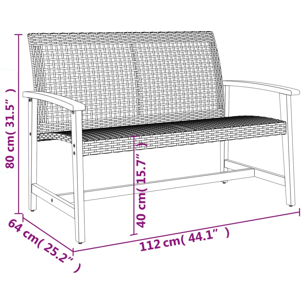 Tuinbank 112 cm poly rattan en acaciahout zwart