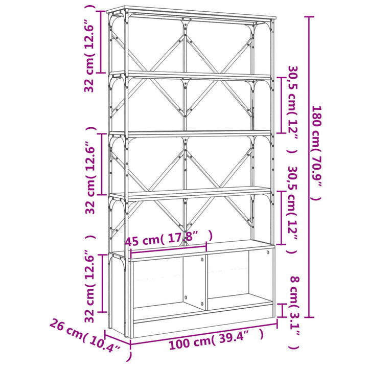 Boekenkast 100x26x180 cm bewerkt hout en metaal grijs sonoma