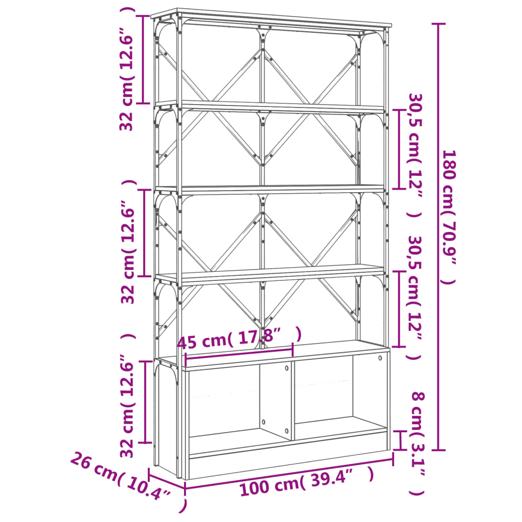 Boekenkast 100x26x180 cm bewerkt hout en metaal bruin eiken