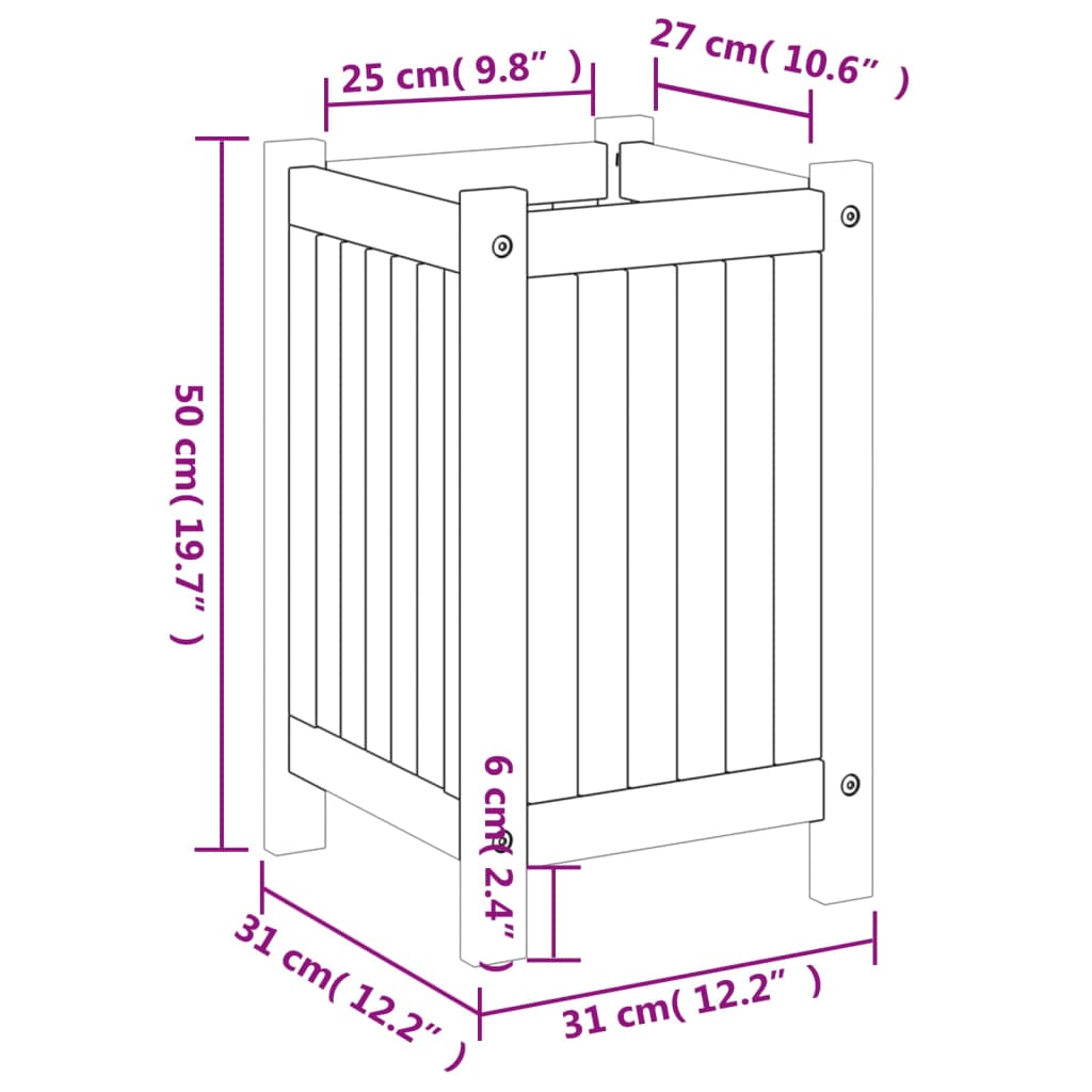 Plantenbak met voering 31x31x50 cm massief acaciahout