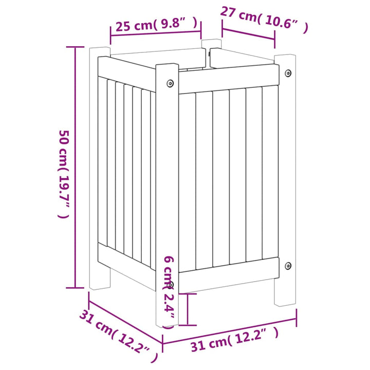 Plantenbak met voering 31x31x50 cm massief acaciahout